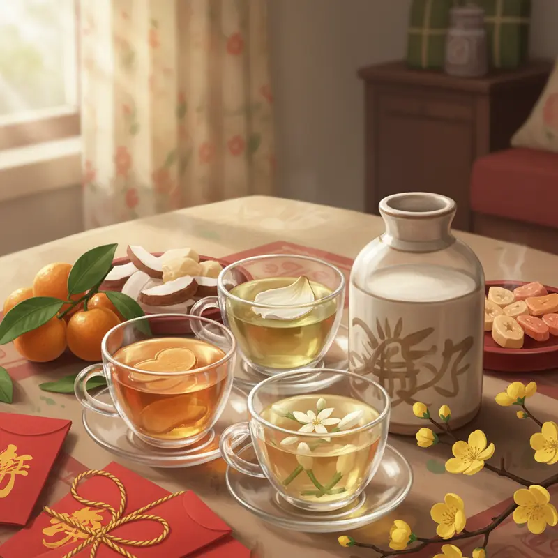 Không gian sum họp ngày Tết với thức uống, tráng miệng truyền thống.