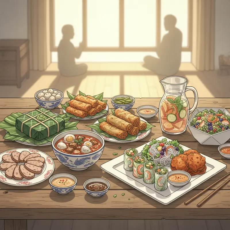 Mâm cơm Tết truyền thống và hiện đại cùng xuất hiện trong không gian gia đình trẻ.