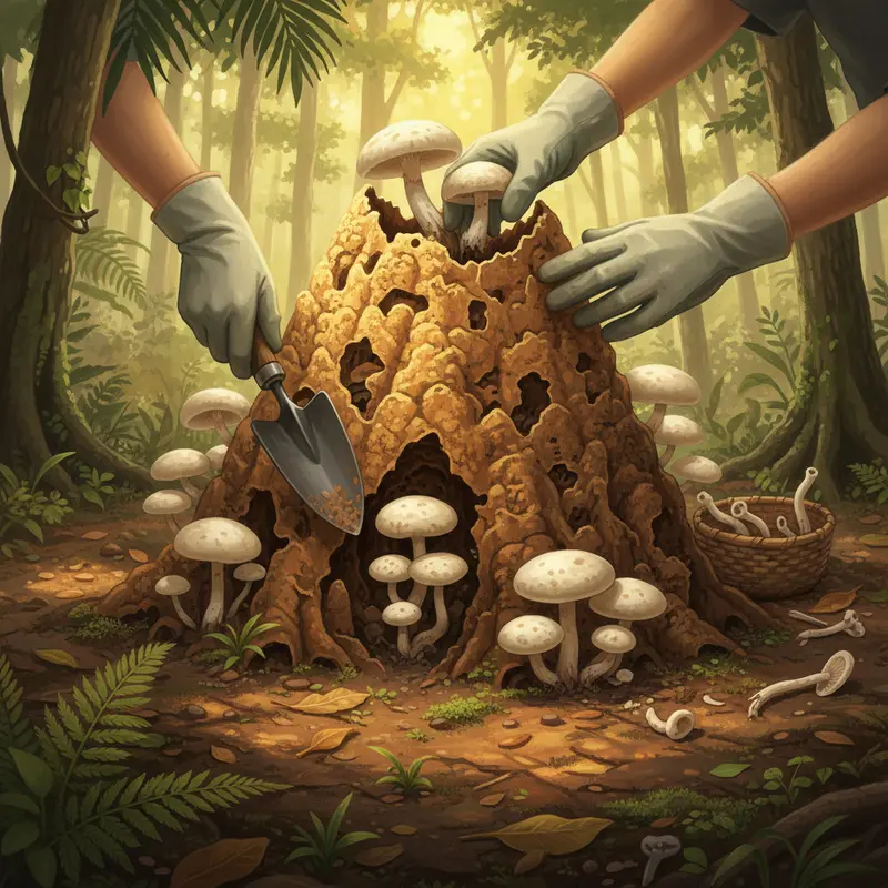 Nấm mối mọc tự nhiên trên nền đất rừng có mối sinh sống.