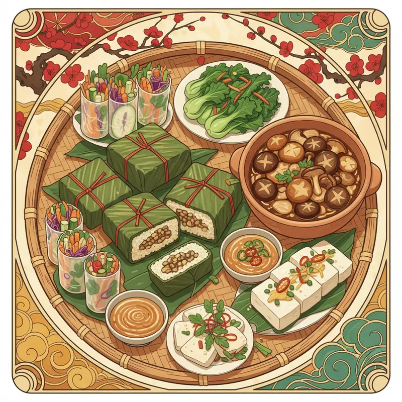 Mâm cơm Tết truyền thống và hiện đại cùng xuất hiện trong không gian gia đình trẻ.