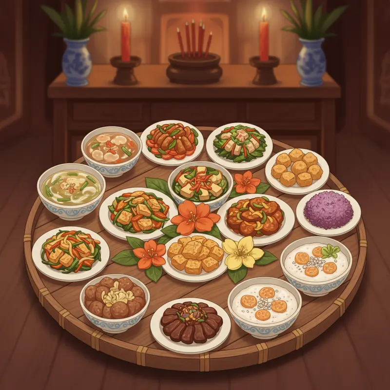 Mâm cúng chay thể hiện sự thanh tịnh và trang nghiêm.