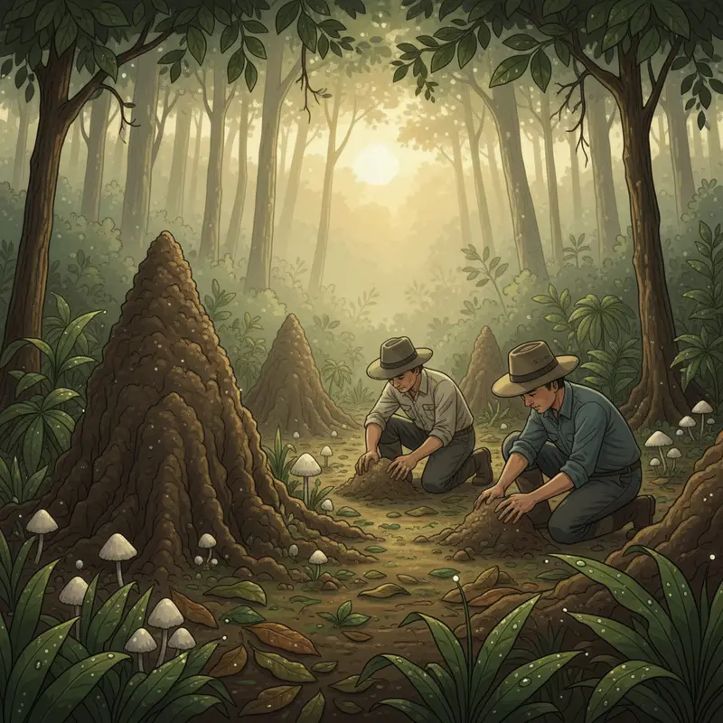 Nấm mối mọc tự nhiên trên nền đất rừng có mối sinh sống.