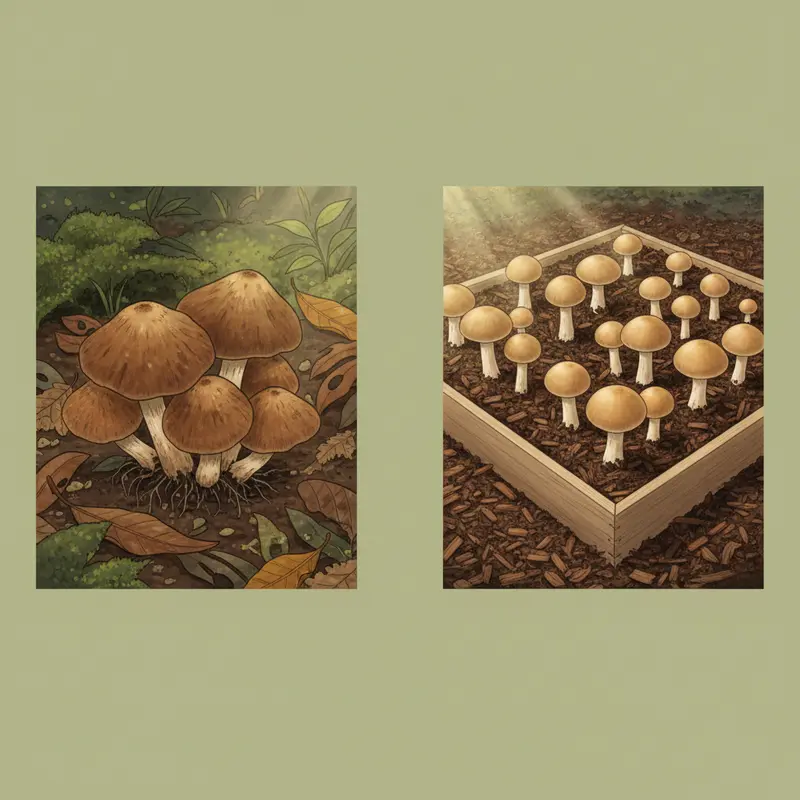 Nấm mối tự nhiên và nấm mối trồng so sánh trực tiếp bên ngoài.