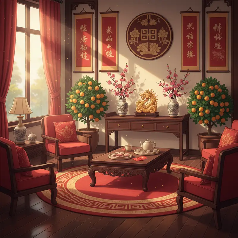 Không gian phòng khách trang trí phong thủy chào đón Tết Nguyên Đán.