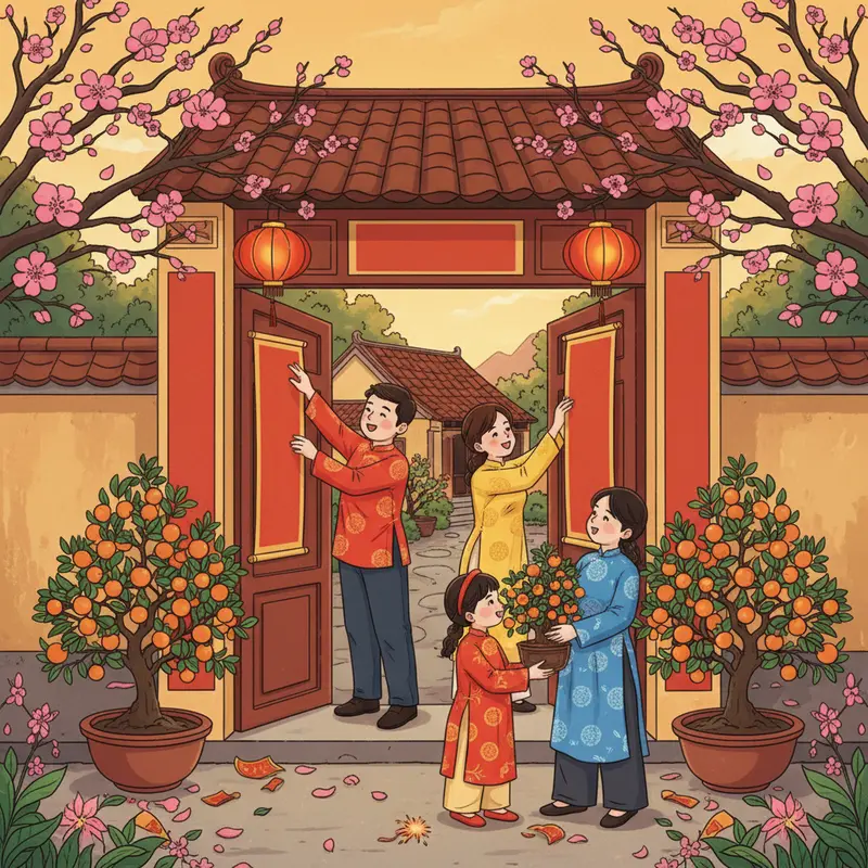 Cổng và cửa nhà được trang trí rực rỡ, biểu tượng cho phong thủy ngày Tết.