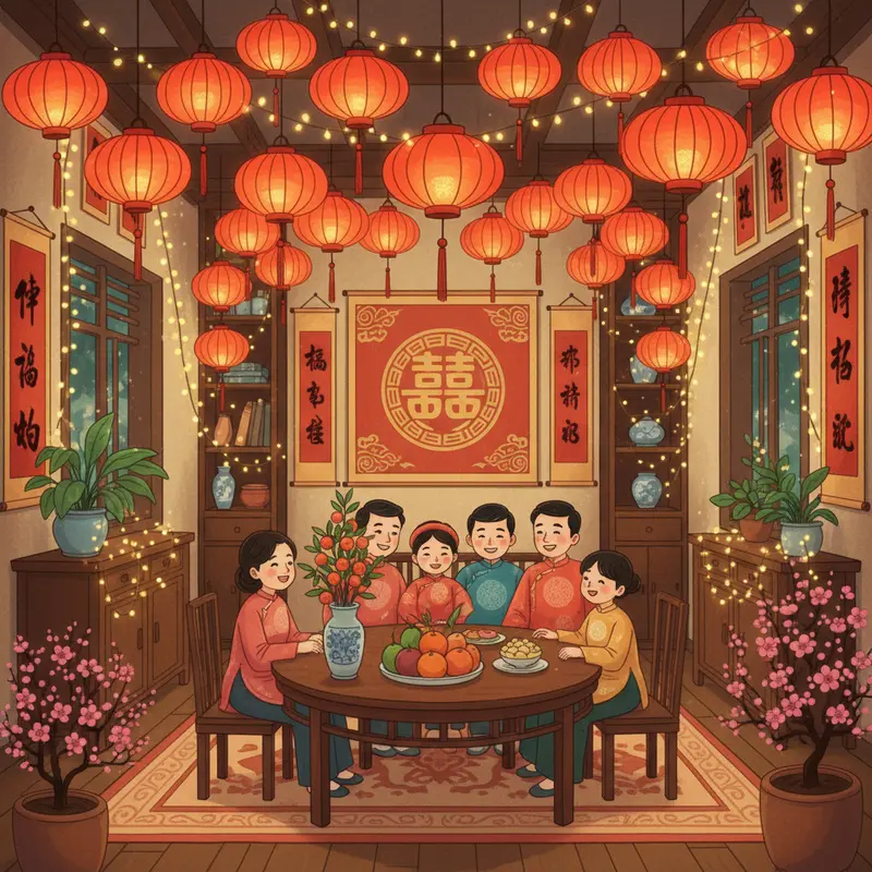 Không gian phòng khách ngày Tết rực rỡ với sắc đỏ, vàng và xanh lục hài hòa.