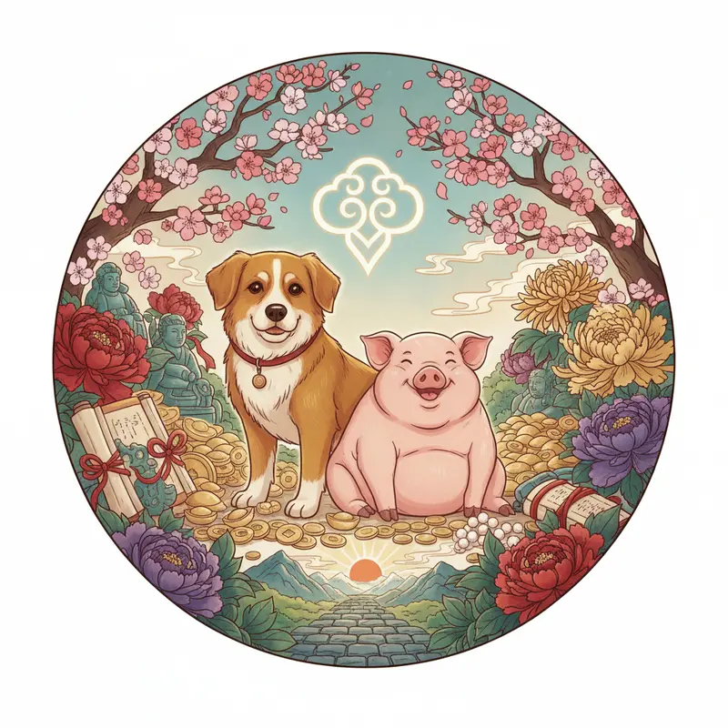 Hình ảnh 12 con giáp hòa hợp biểu trưng cho sự luân chuyển vận mệnh.