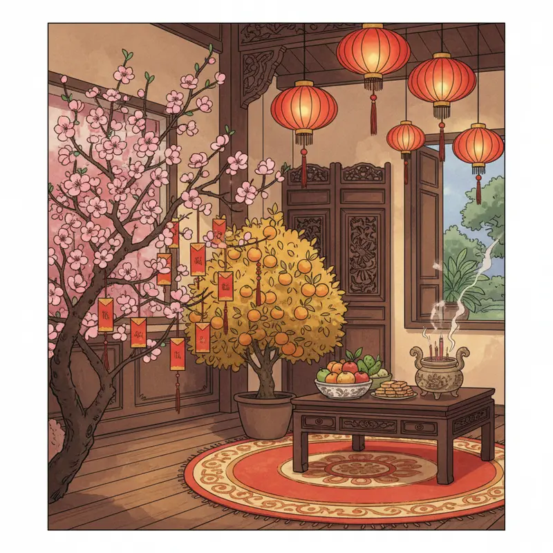 Không gian phòng khách trang trí phong thủy chào đón Tết Nguyên Đán.