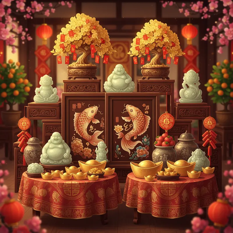 Phòng khách truyền thống Việt Nam đầy sắc xuân, bố trí hài hòa chuẩn phong thủy.