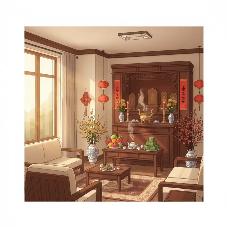 Bàn thờ gia tiên ngày Tết với hoa quả và trang trí đậm nét truyền thống.