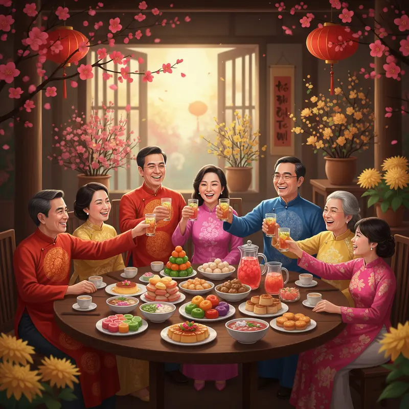 Không gian sum họp ngày Tết với thức uống, tráng miệng truyền thống.