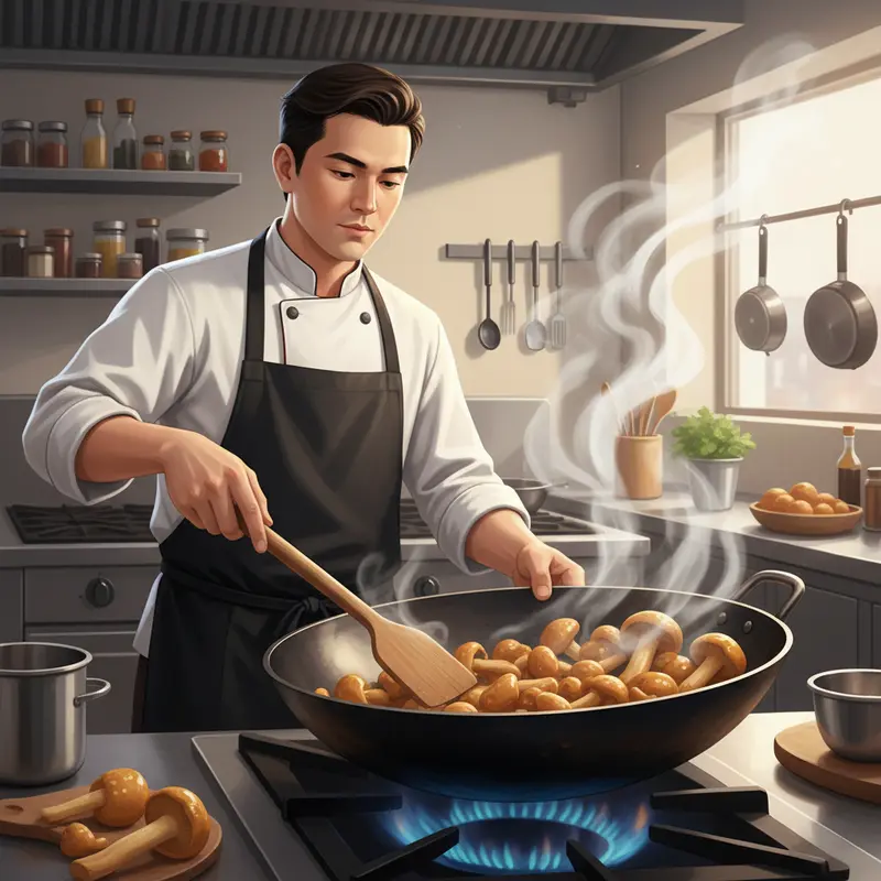 Nấm mối sấy khô với sắc trắng xám tự nhiên, bên cạnh là nấm đã ngâm nở trong bát thủy tinh.