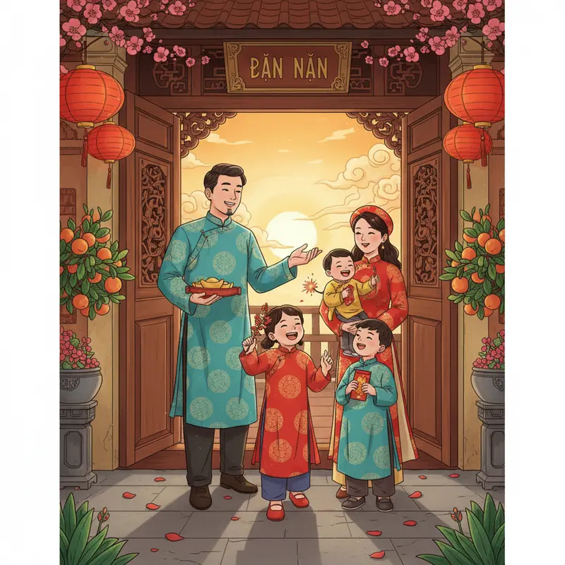 Không gian phòng khách trang trí phong thủy chào đón Tết Nguyên Đán.