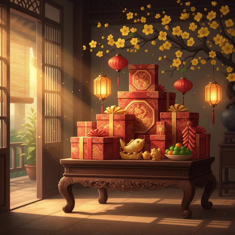 Bày trí Tết truyền thống với hộp quà màu đỏ và vàng nổi bật.