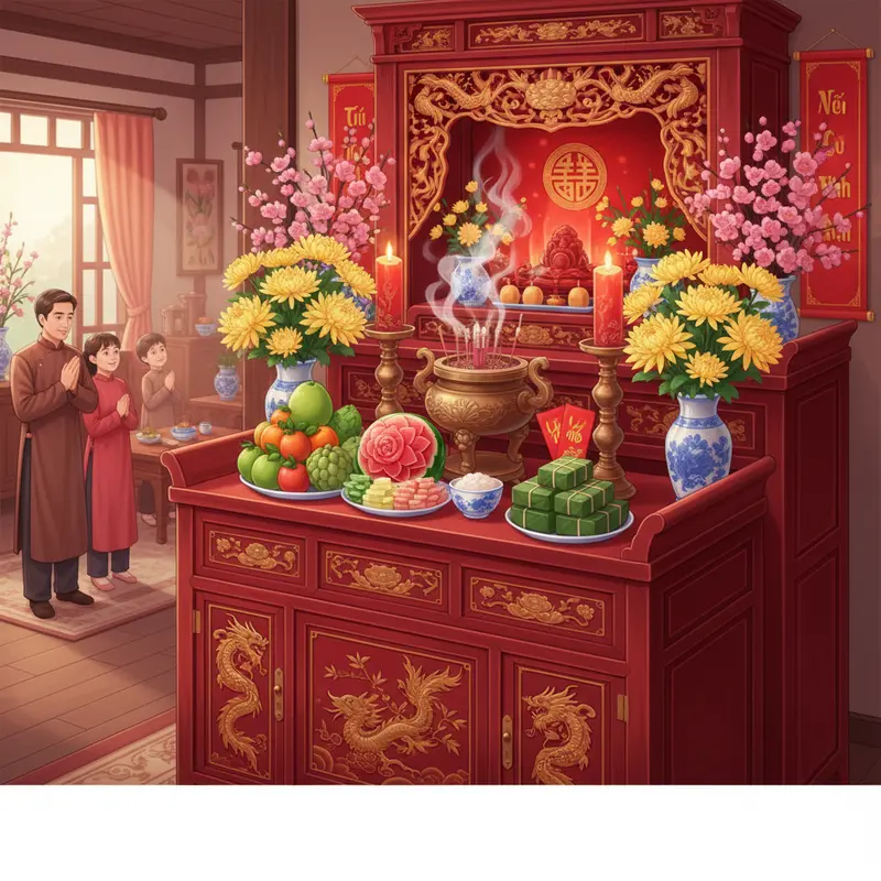 Bàn thờ gia tiên ngày Tết với hoa quả và trang trí đậm nét truyền thống.