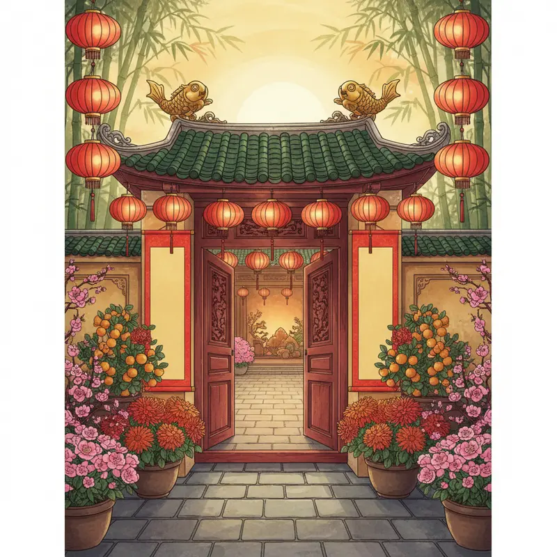 Cổng và cửa nhà được trang trí rực rỡ, biểu tượng cho phong thủy ngày Tết.