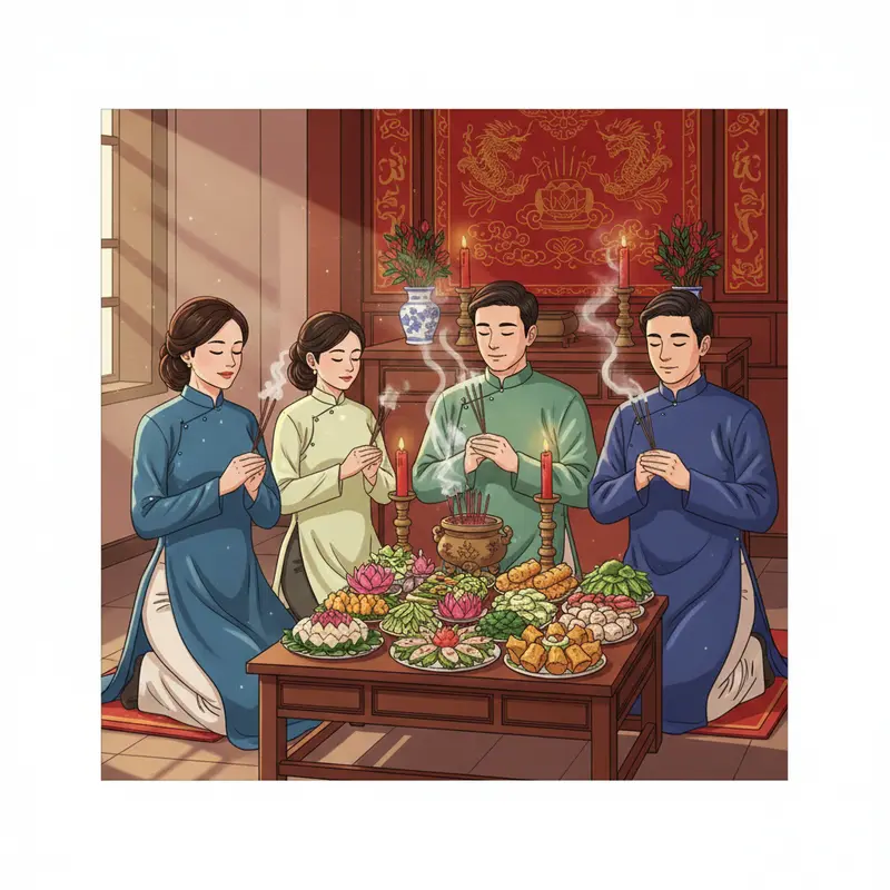 Mâm cúng chay thể hiện sự thanh tịnh và trang nghiêm.