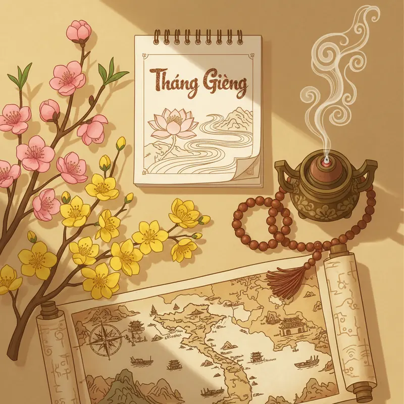 Ảnh sắp đặt nghệ thuật với lịch, hoa đào, hoa mai và tràng hạt tượng trưng cho mùa lễ hội sau Tết.