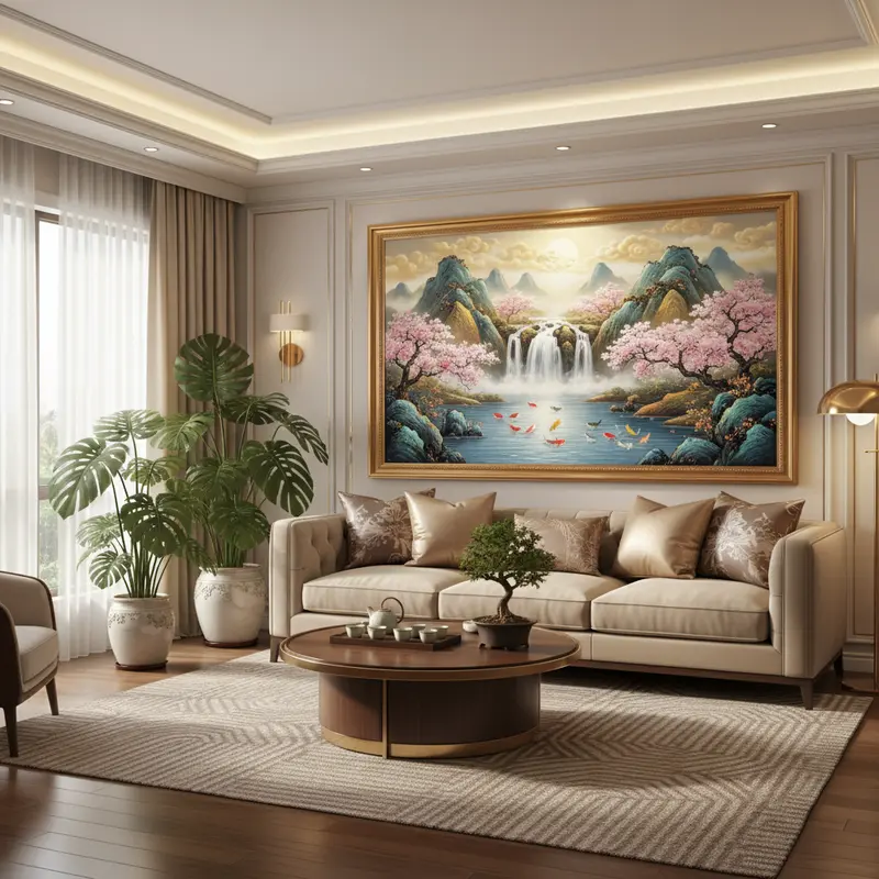 Phòng khách hiện đại trang trí tranh phong thủy mang lại may mắn