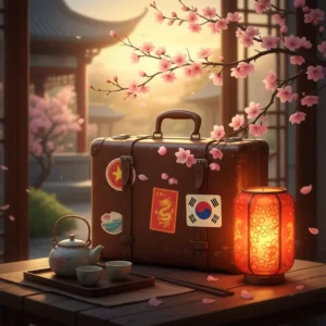 Hình ảnh biểu tượng du lịch Tết Châu Á với vali, đèn lồng đỏ và hoa đào