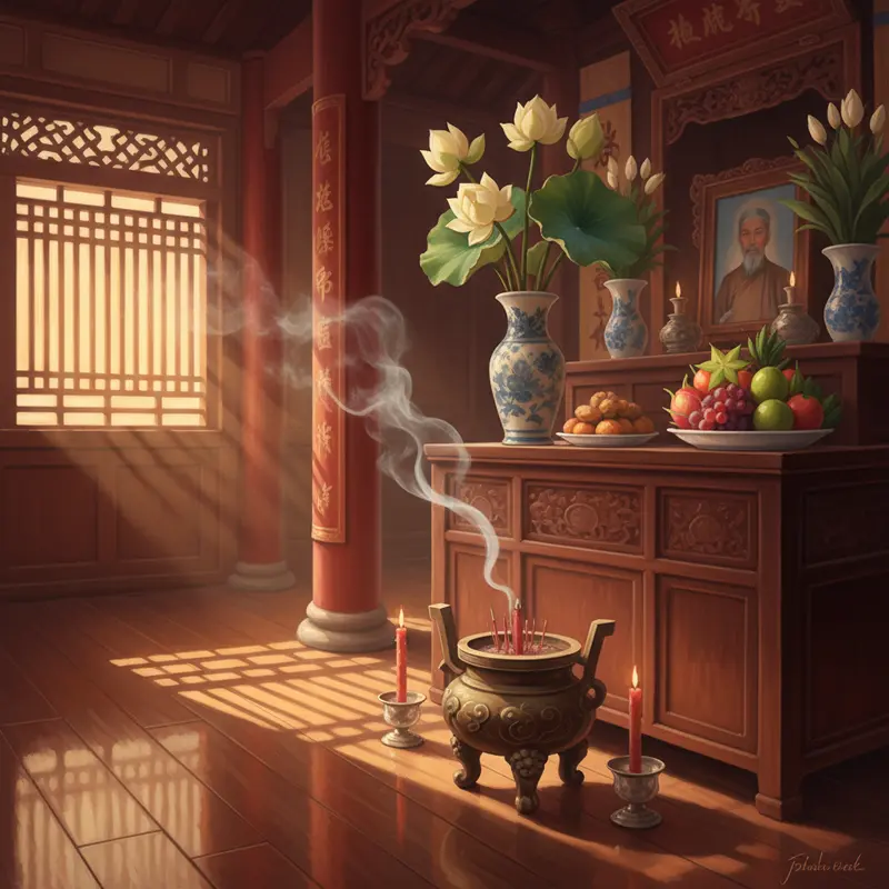 Bàn thờ gia tiên được bài trí trang nghiêm với hoa sen và trái cây tươi.