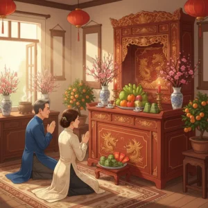 Bàn thờ gia tiên ngày Tết với hoa đào và mâm ngũ quả trong ánh nắng ấm áp