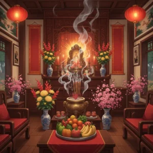 Bàn thờ gia tiên truyền thống Việt Nam ngày Tết với đầy đủ lễ vật