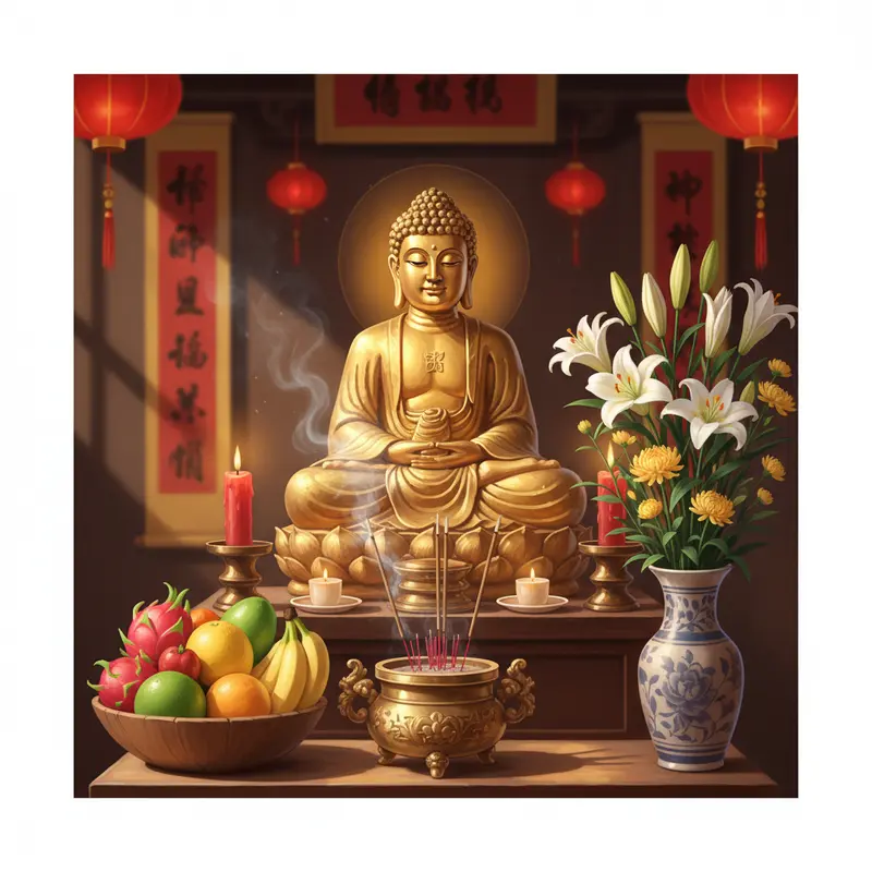 Hình ảnh bàn thờ Phật ngày Tết với không gian ấm cúng và trang nghiêm