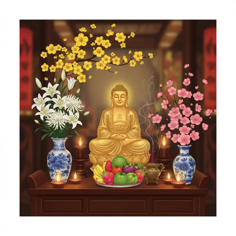 Bàn thờ Phật ngày Tết với mâm ngũ quả và hoa tươi, không có đồ mặn