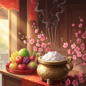 Bàn thờ Tết Việt Nam trang nghiêm với bát hương mới, hoa đào và mâm ngũ quả
