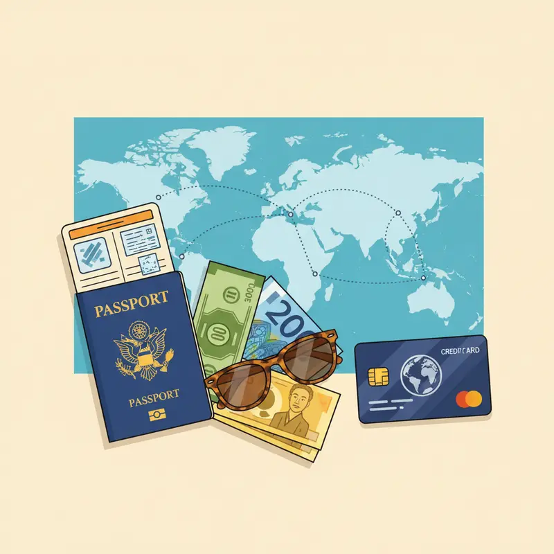 Ảnh flat-lay gồm bản đồ, hộ chiếu, tiền ngoại tệ và thẻ tín dụng trên bàn