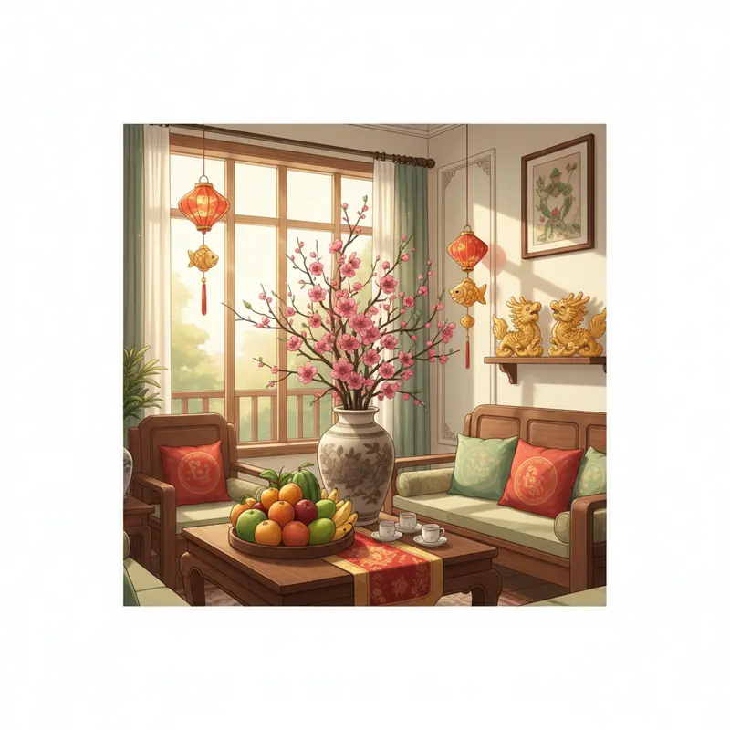 Phòng khách trang trí Tết đẹp mắt chuẩn phong thủy với hoa đào và nội thất sang trọng