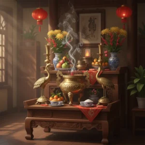 Ảnh chụp thực tế bộ ngũ sự đỉnh đồng được bày trí trang trọng trên bàn thờ gia tiên.