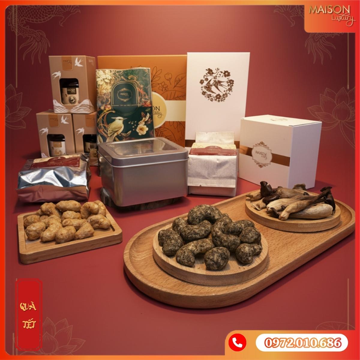 Hạt điều, nấm mối sấy khô, yến sào, hoa quả sấy, bánh cookies, trà shan tuyết