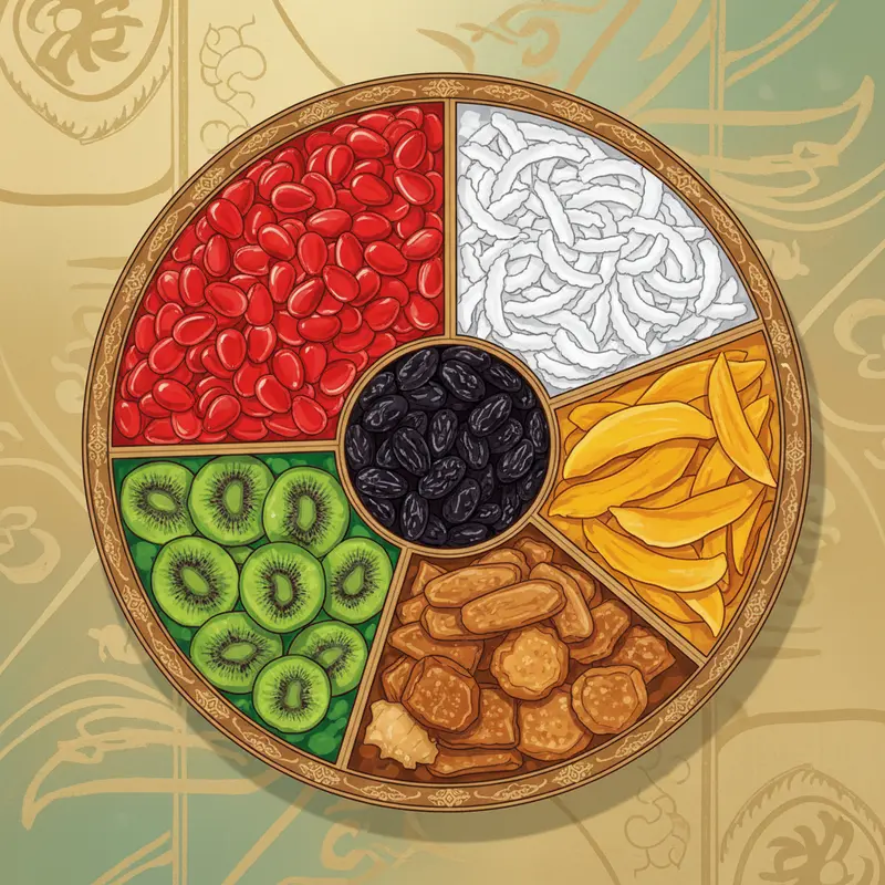 Khay mứt sơn mài truyền thống với hình tròn tượng trưng cho sự viên mãn.