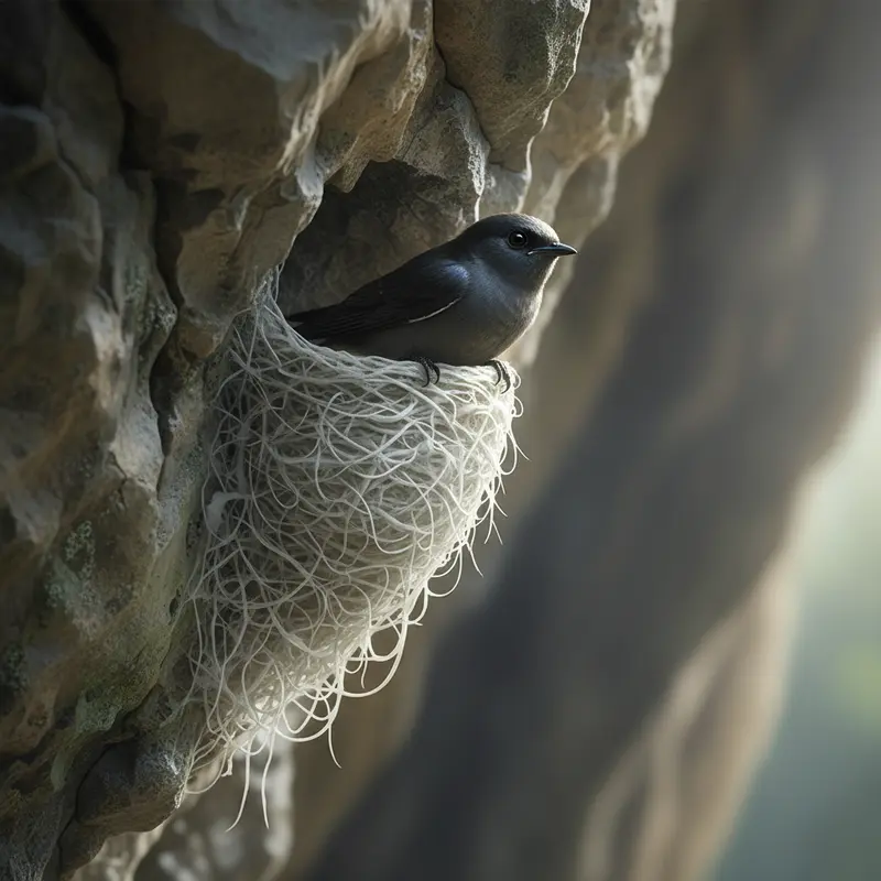 Chim yến đang xây tổ trên vách đá tự nhiên.