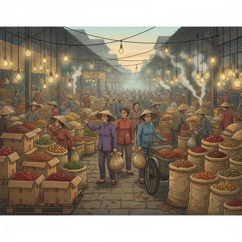 Khung cảnh nhộn nhịp tại chợ đầu mối vào sáng sớm khi hàng mới về.