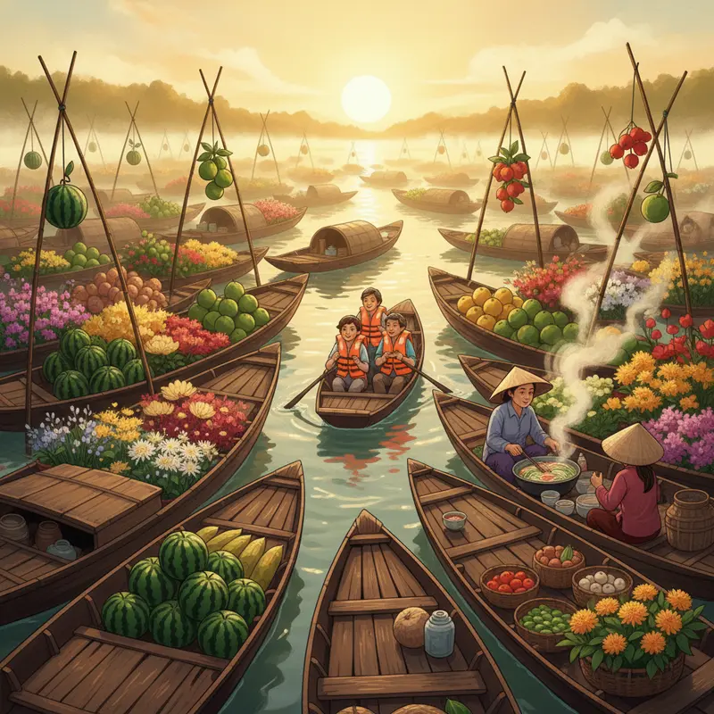 Ghe thuyền chở hoa tấp nập trên dòng sông Tiền báo hiệu Tết về.