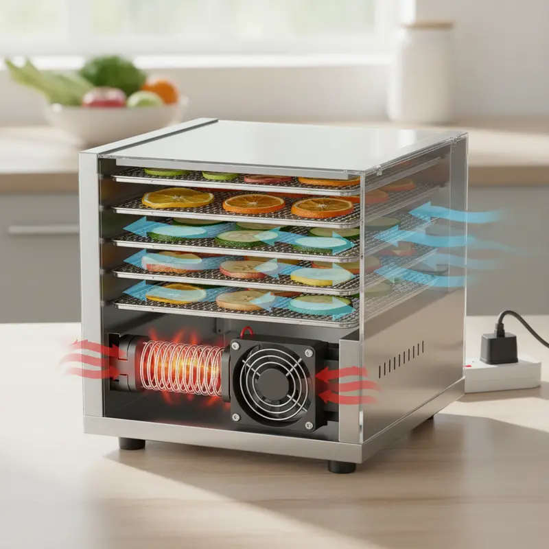 Mô phỏng luồng khí nóng lưu thông ngang giúp thực phẩm khô đều.