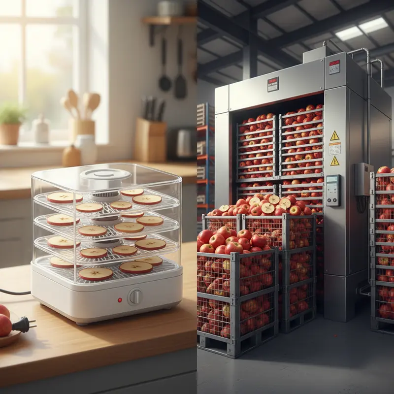 Sơ đồ so sánh luồng khí đứng ở máy gia đình và luồng khí ngang ở máy công nghiệp.