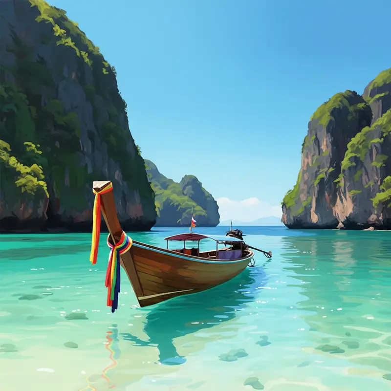 Thuyền đuôi dài truyền thống trên nền biển xanh tại đảo Thái Lan