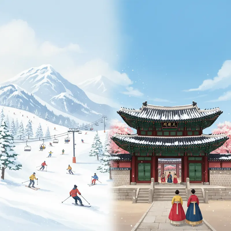 Hình ảnh kết hợp giữa khu trượt tuyết sôi động và cung điện Hàn Quốc tĩnh lặng
