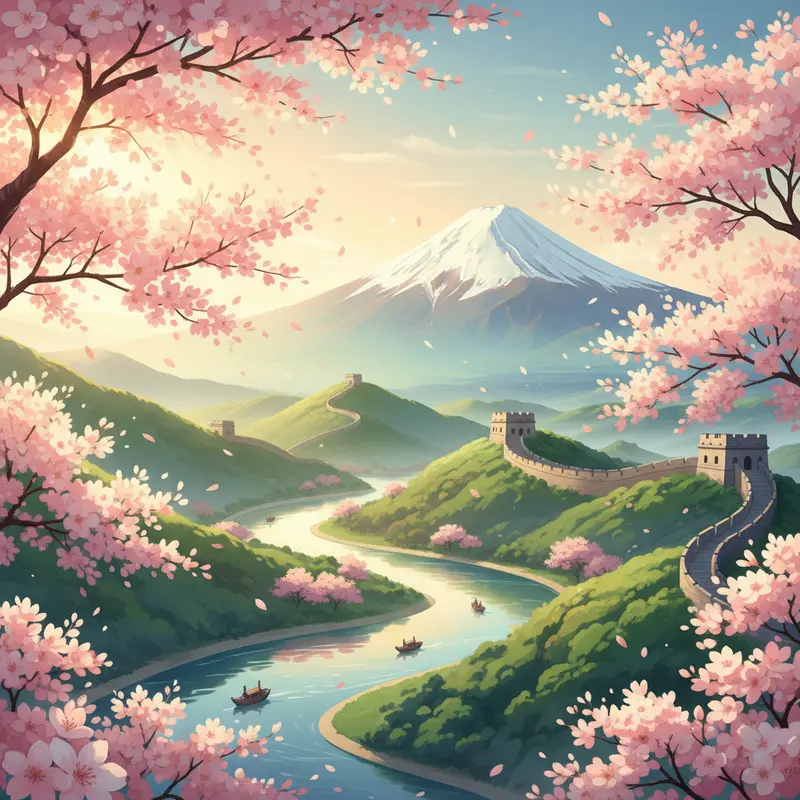 Phong cảnh danh lam thắng cảnh châu Á với hoa anh đào nở rộ dưới ánh nắng dịu nhẹ