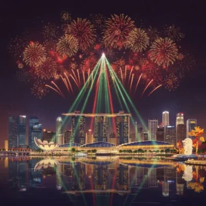 Toàn cảnh vịnh Marina Bay Singapore về đêm với pháo hoa và khách sạn Marina Bay Sands.