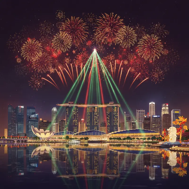 Toàn cảnh vịnh Marina Bay Singapore về đêm với pháo hoa và khách sạn Marina Bay Sands.