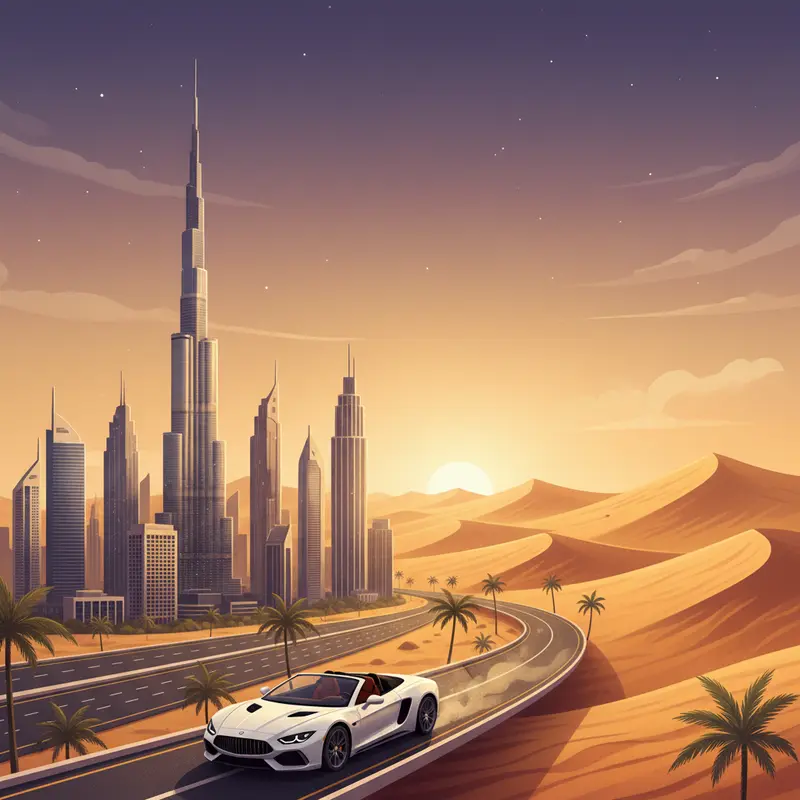 Hình ảnh tổng hợp tháp Burj Khalifa và sa mạc cát vàng, biểu tượng du lịch Dubai.