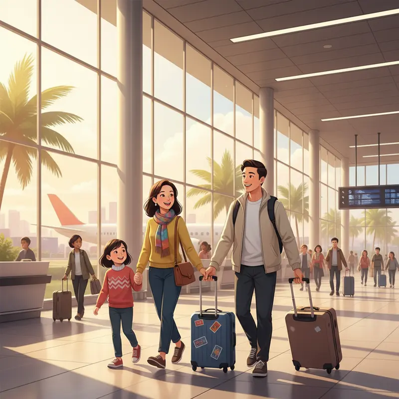 Gia đình Việt Nam vui vẻ kéo vali tại sân bay chuẩn bị đi du lịch Tết