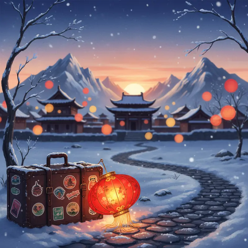 Vali du lịch và đèn lồng đỏ trên nền tuyết trắng, hậu cảnh là kiến trúc Trung Hoa.