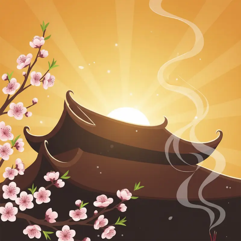 Hình ảnh nghệ thuật tổng hợp mái chùa cổ kính và hoa đào ngày tết