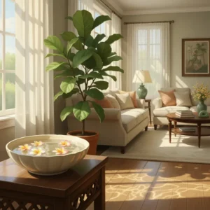 Bát nước gốm sứ với hoa đại nổi trên mặt nước đặt tại góc đầy nắng của phòng khách.